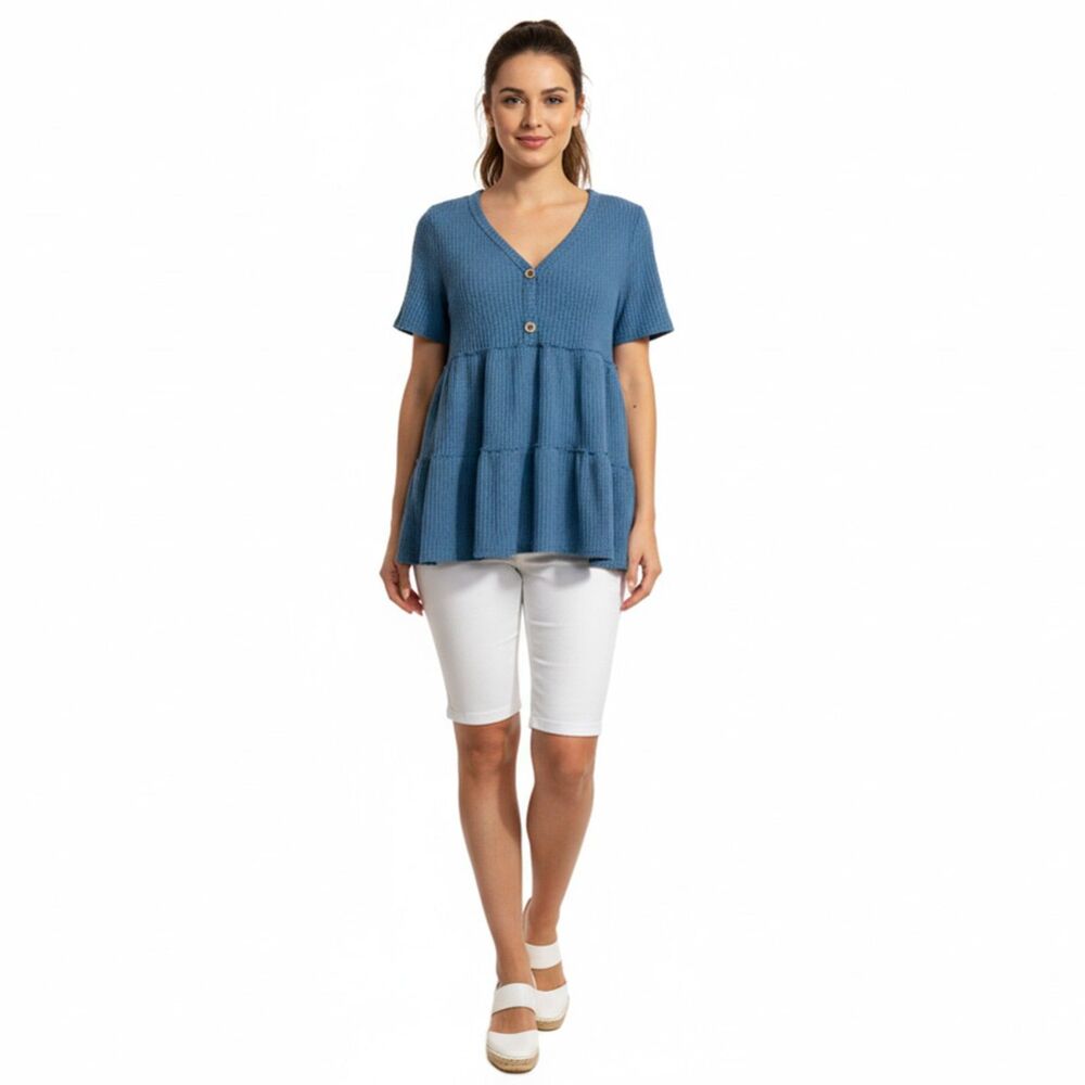 BiBi Blue Waffle Fabric Tiered Short Sleeve Top Size S